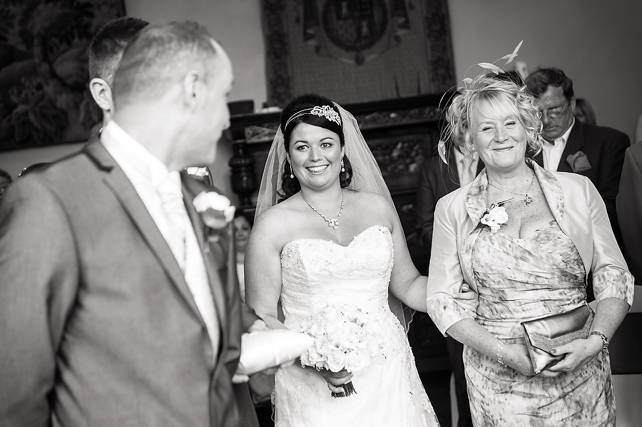 Candid photograph of Brides emotional entrance to wedding ceremony at Hawkesyard Hall in Rugeley by Rugeley Contemporary Wedding Photographer Barry James