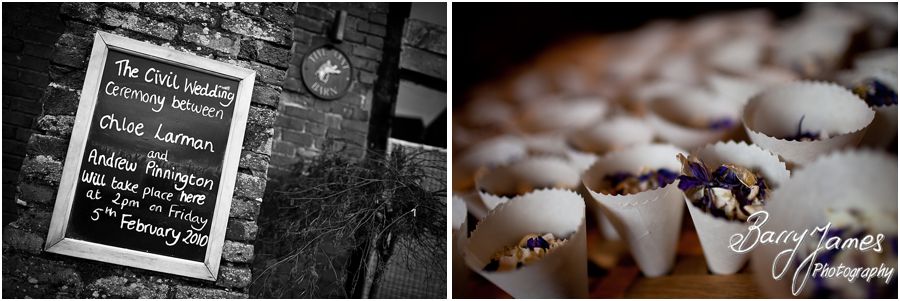 Photographs of details and setting for wedding at Packington Moor in Lichfield by Creative Contemporary Wedding Photographer Barry James