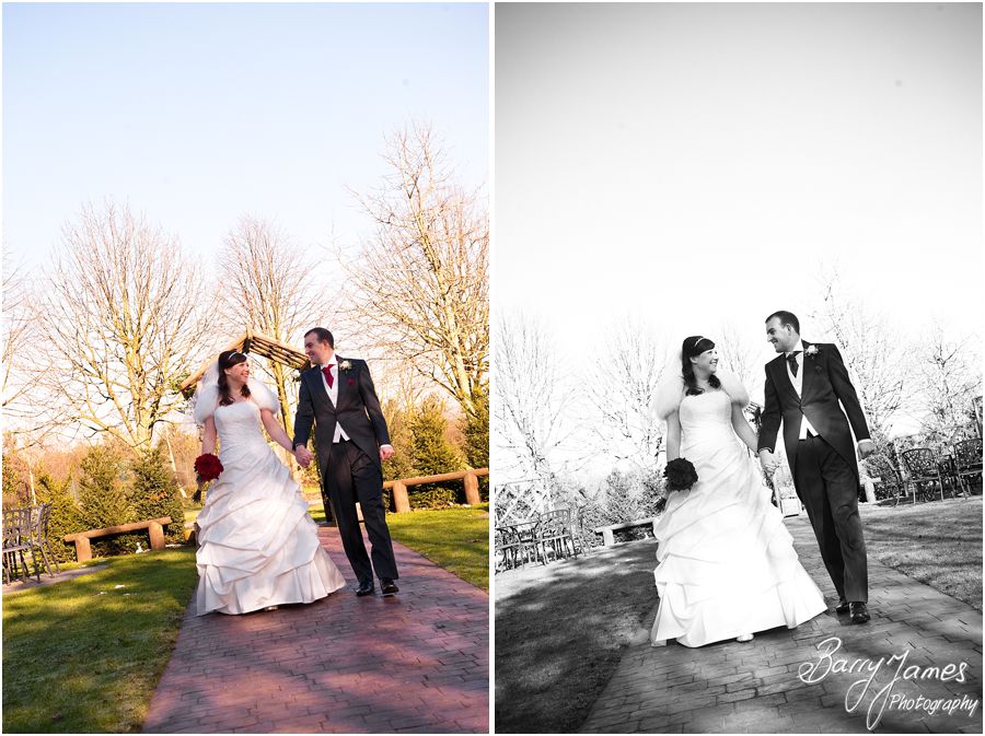Creative natural photographs of Bride and Groom in Gardens at The Fairlawns in Aldridge by Walsall Professional Wedding Photographer Barry James