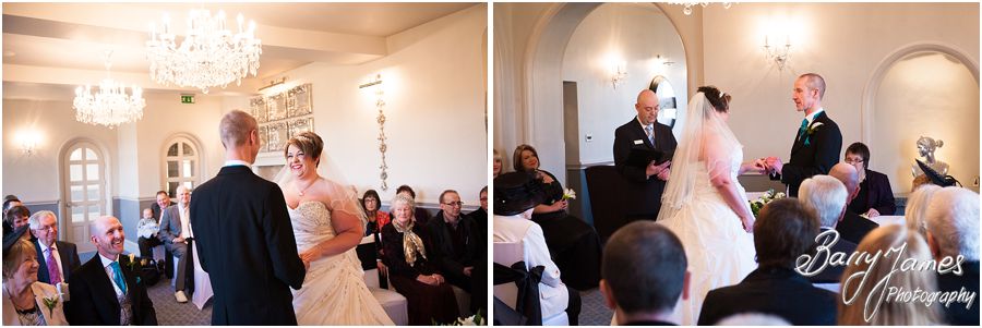 Reportage photographs during wedding ceremony in Shrewsbury Suite at Weston Hall in Stafford by Recommended Staffordshire Wedding Photographer Barry James