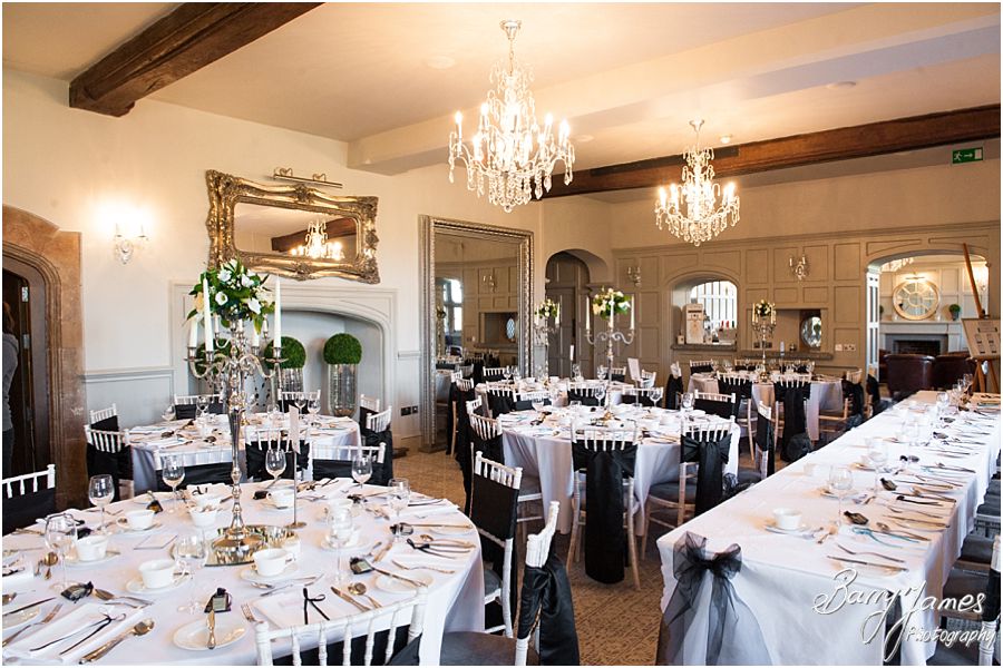 Beautiful photographs of room setting for wedding breakfast at Weston Hall in Stafford by Rugeley Wedding Photographer Barry James