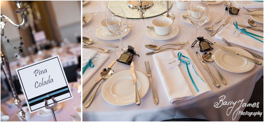 Creative photographs of details and personal touches for wedding breakfast at Weston Hall in Stafford by Stafford Wedding Photographer Barry James