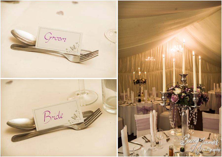 Beautiful wedding details of the wedding breakfast setting in the marquee at Heath House in Tean by Contemporary and Candid Wedding Photographer Barry James