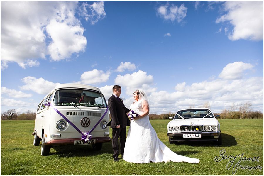 Beautiful wedding transport for Bride at The Waterfront in Barton Marina from Moonstruck VW photographed by Burton-on-Trent Award Winning Wedding Photographer Barry James