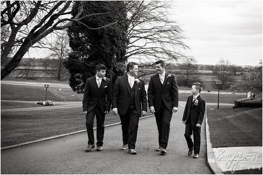 Creative and contemporary portraits of groom and ushers at Weston Hall in Stafford by Stafford Wedding Photographer Barry James