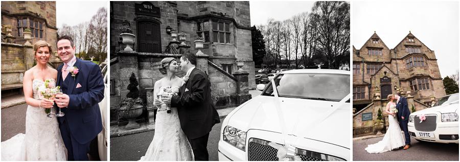 Creative photographs of the bride and groom with their limousine at Weston Hall in Stafford by Stafford Wedding Photographer Barry James