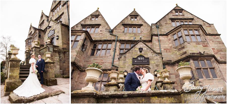 Creative natural portraits of the Bride and Groom around the gardens of Weston Hall in Stafford by Stafford Wedding Photographer Barry James