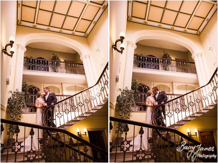 Stunning intimate portraits in the beautiful staircase at Hawkesyard Hall in Rugeley by Venue Recommended Wedding Photographer Barry James