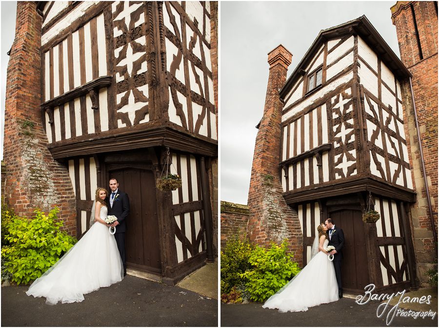 Creative bride and groom portraits around the wonderful gardens at Albright Hussey Manor in Shrewsbury by Contemporary Wedding Photographer Barry James