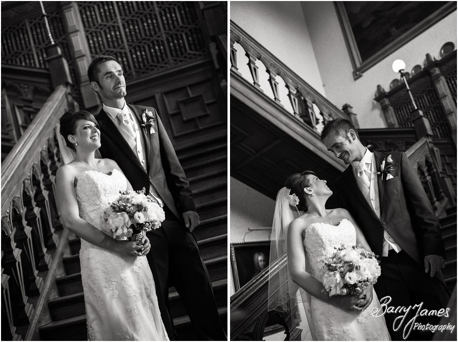 Timeless portraits on the staircase at Sandon Hall in Staffordshire by Recommended Wedding Photographer Barry James