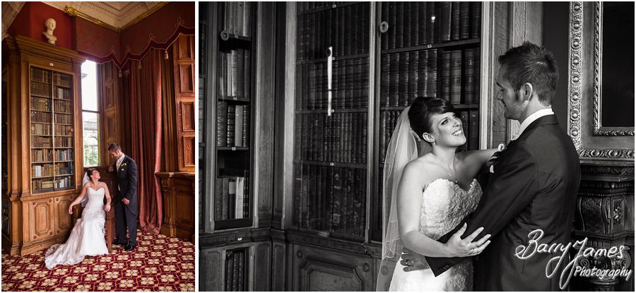 The library provides the most elegant setting for wedding photographs at Sandon Hall in Staffordshire by Recommended Wedding Photographer Barry James