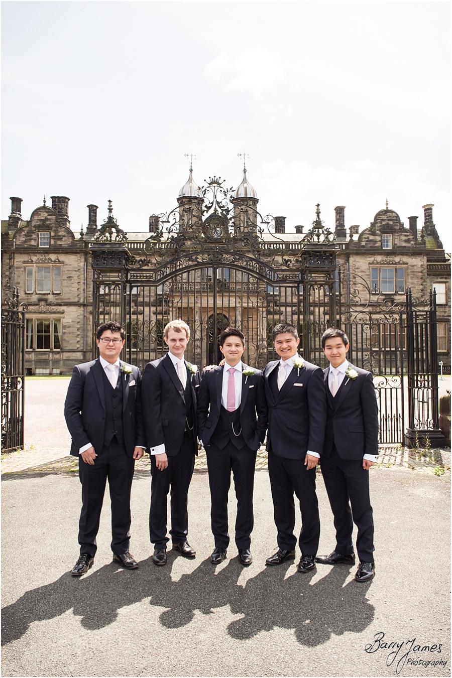 Contemporary portraits of the Groomsmen at the impressive Sandon Hall in Stafford by Stafford Wedding Photographer Barry James