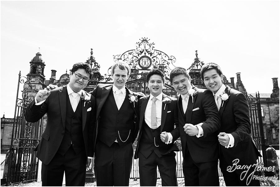 Contemporary portraits of the Groomsmen at the impressive Sandon Hall in Stafford by Stafford Wedding Photographer Barry James