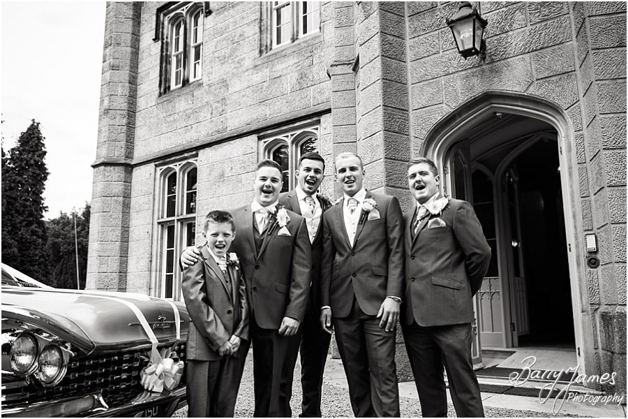 Natural contemporary photos of the groom and groomsmen outside the hall at Hawkesyard Estate in Rugeley by Rugeley Wedding Photographer Barry James