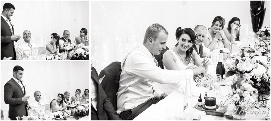 Candid photographs capturing the wedding speeches and the fabulous guest reactions at Hawkesyard Estate in Rugeley by Rugeley Wedding Photographer Barry James